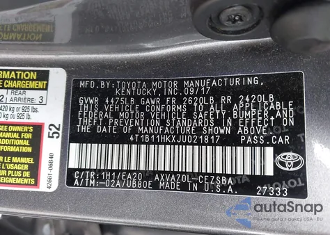 2018 Toyota Camry Se from USA, damaged, VIN 4T1B11HKXJU021817